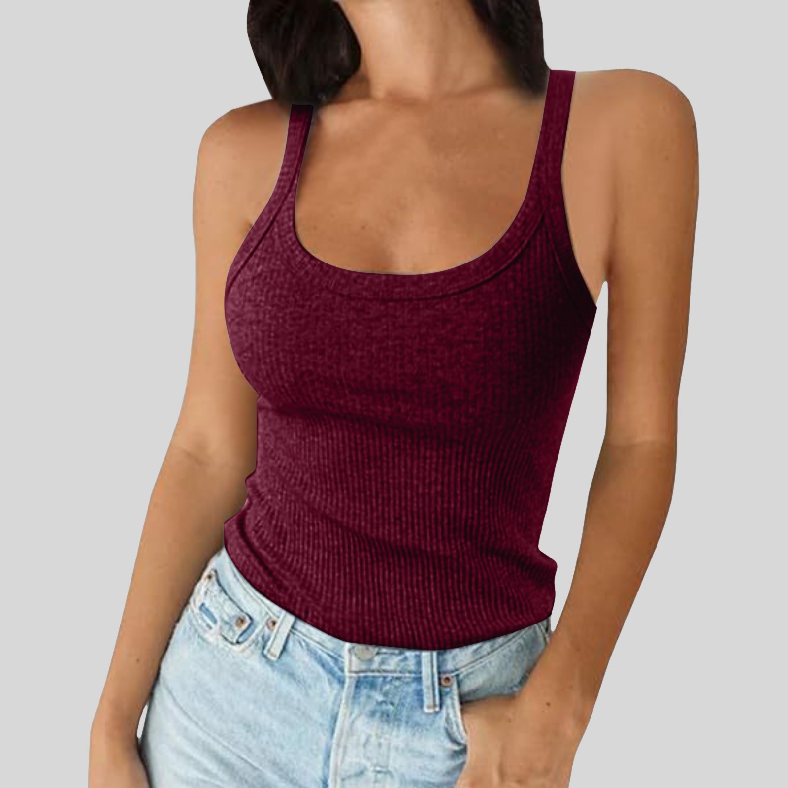 thumbnail image 4 of Camiseta sin mangas de cuello redondo y tirantes finos para mujer - Camiseta ajustada de algodón, camiseta informal sin mangas para combinar en primavera/verano, 4 of 5
